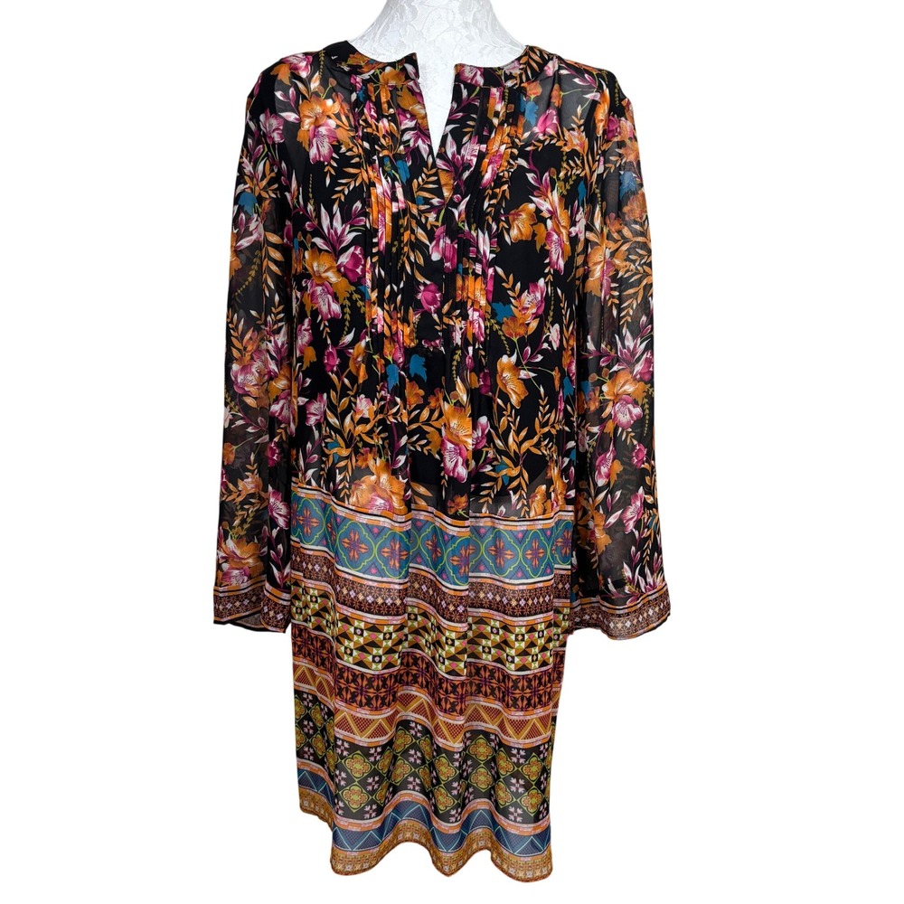 Eci New York Multicolor Floral Geometric Long Bell Sleeve Shift Dress Womens L